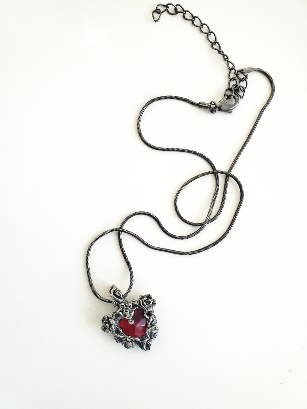 Fellowship Foundry Pewter Rose Heart Red Crystal Pendant Necklace